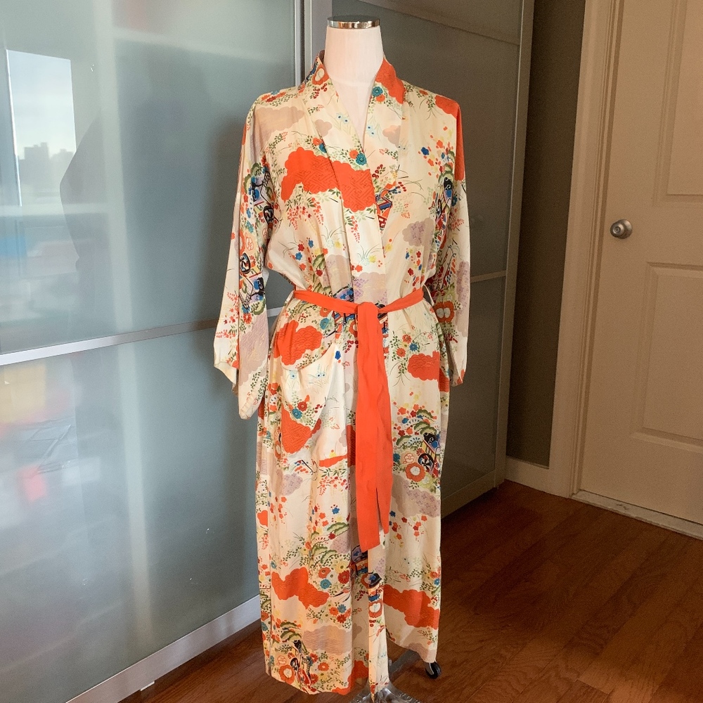 Vintage 1950’S Cotton Kimono Robe Cream/Orange